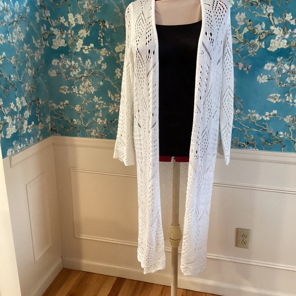 Lord & Taylor White Crocheted Long Sweater